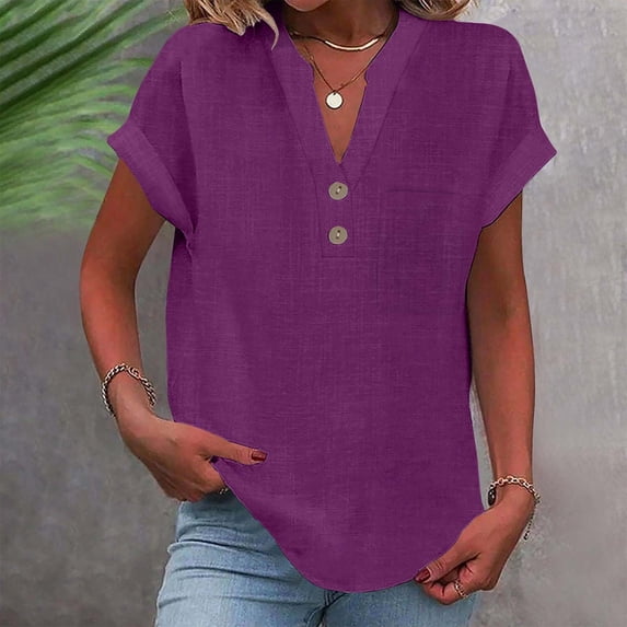 WGRFFH Gauze Shirts for Women,Linen Tops for Women Summer Tops V Neck Button Down Blouse Short Sleeve Office Work Tops Vintage Vacation Tees Tunic Tops Cotton Gauze Tops Muslin Shirt Peasant Tops