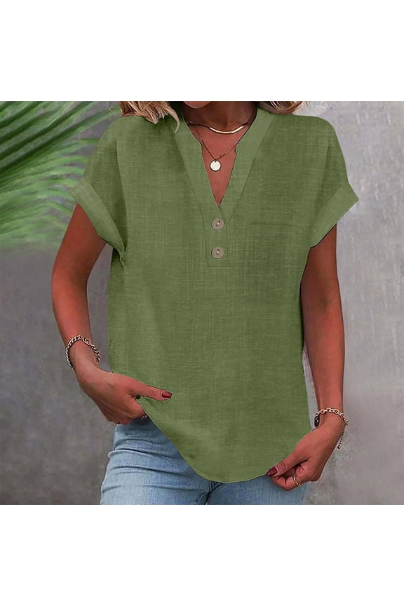 Gauze Shirts for Women,Linen Tops for Women Summer Tops V Neck Button Down Blouse Short Sleeve Office Work Tops Vintage Vacation Tees Tunic Tops Cotton Gauze Tops Muslin Shirt Peasant Tops