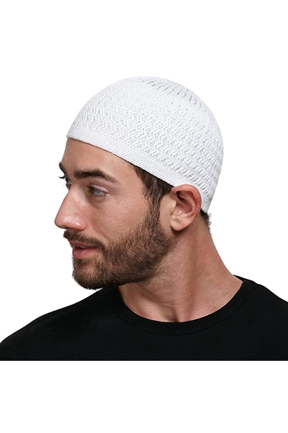 Knit Kufi Hats for Men Women,Breathable Cotton Stretchy Prayer Hat,Muslim Stretchy Skull Caps,Cotton Helmet Liner Breathable Crochet Beanie Hat,Skull Cap,Ideal Head Wear During Summer White