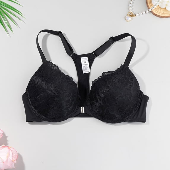 WGRFFH Lace Push Up Bra for Women Underwire Full Coverage Supportive Bra,Padded Cups With Wide Adjustable Straps,Side Support Back Smoothing And Comfortable Lift For Everyday Wear Black 3XL