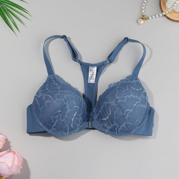 WGRFFH Lace Push Up Bra for Women Underwire Full Coverage Supportive Bra,Padded Cups With Wide Adjustable Straps,Side Support Back Smoothing And Comfortable Lift For Everyday Wear Blue L