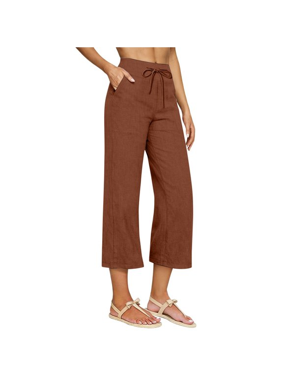 Linen Capri Pants for Women Palazzo Flowy Trousers with Pockets Casual Summer Linen Clothes Ankle Summer Pants Lounge Pants Trousers Dressy Capris Solid Color Elastic Waist Gym Capri Coffee