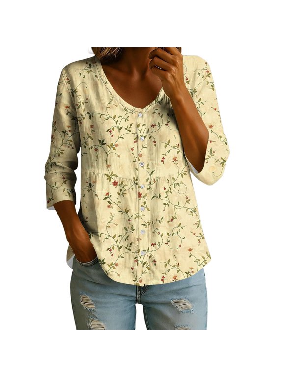 Linen Tops for Women,Floral Print Short Sleeve Blouse,V Neck Button Up Tunic Shirt,Casual Summer Boho Peasant Blouse,Loose Fit Business Work Clothes,Beach Vacation Fall Clothes 2026 Green
