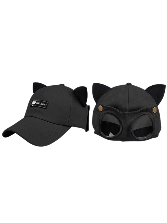 Unisex Retro‑Vintage Aviator‑Style Baseball Cap,Attached Flip‑Up‑Lens Integrated‑Goggles Peaked Hat,Cat Ears Trendy Hip‑Hop Casual Headwear for Outdoor Daily Going‑Out Cosplay Party Black