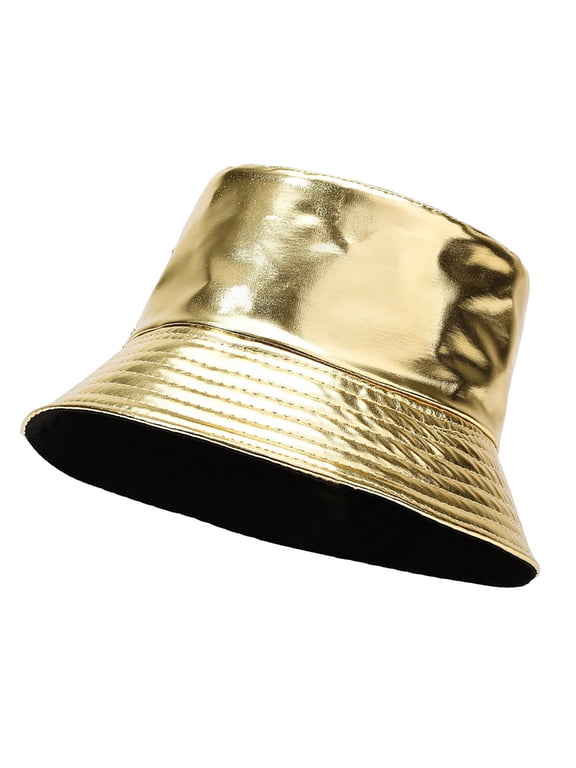 Unisex Reversible Metallic Bucket Hat,Wide Brim Fisherman Cap,Waterproof Rock Punk Hippie Trendy Hip Pop Sun Hat for Outdoor Fishing,Party Accessories Hats Gold