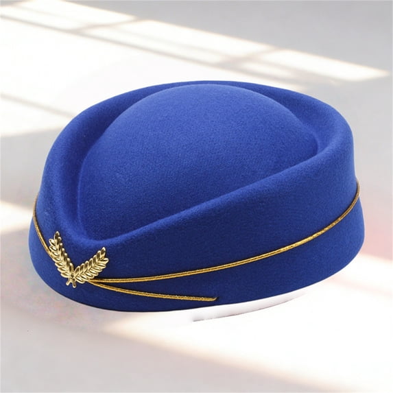 WGRFFH Vintage British Stewardess Beret Hat,Fashion Vintage Looking Hat,Felt Flight Attendant Cap Uniform Cosplay Accessories for Women Decor Parties and Stage Performances Dark Blue