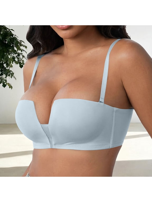 Wireless Push Up Balconette Bras for Women,Seamless Plunge Bra,Supportive Underwire,Low Back Outfit,Half Cup,Adjustable, Convertible,No Underwire Balconey Bras for Low Cut Dress Light Blue