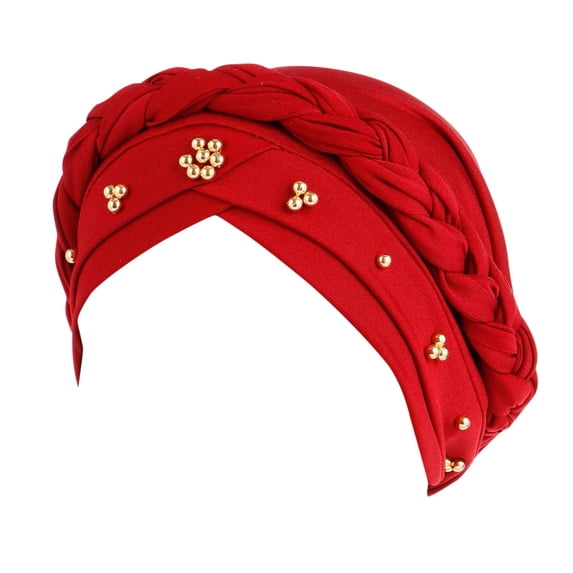 WGRFFH Women Beaded Pre-Tied Turban Hat Cancer Chemo Beanies Cap Stretch Breathable Head Wrap Pre-Tied Twisted Hair Cover Wrap Hat African Women Turban Capsfor Cancer Patient Hair Loss Red