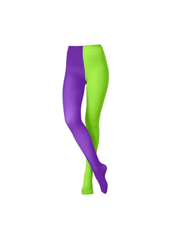 Women Two Toned Tights Halloween Jester Clown Stockings,Cosplay Costume Contrast Opaque Pantyhose Leggings, Full Length Costume Leggings,Stretch Dance Pants for Carnival Party Green One Size