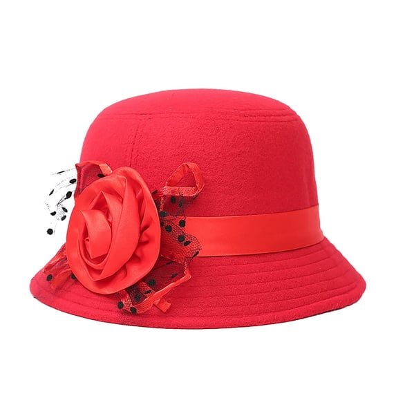 WGRFFH Women Vintage 1920s Felt Floral Decor Wide Brim Cloche Bowler Derby Fedora Floppy Bucket Hat Elegant Winter Church Wedding Party Special Occasion Fashion Sun Cap Headwear Accessory Red