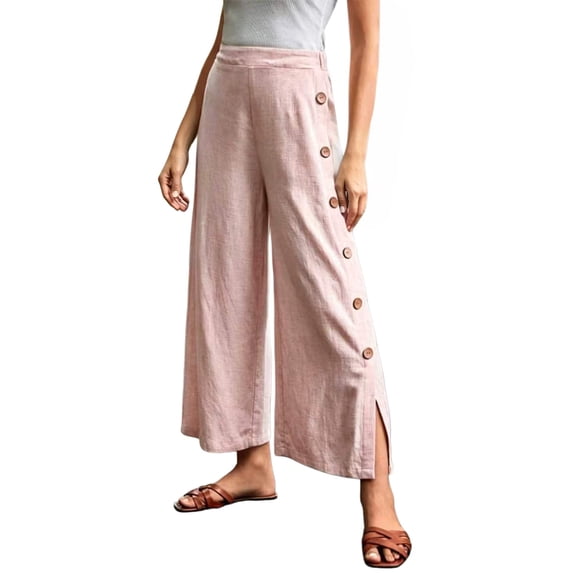 WGRFFH Women Wide Leg Pants Button Down Side Slit Linen Trousers Flowy High Elastic Waist Summer Beach Travel Casual Bottoms Lightweight Vacation Daily Loose Palazzo Outdoor Relax Fit Outfit Pink