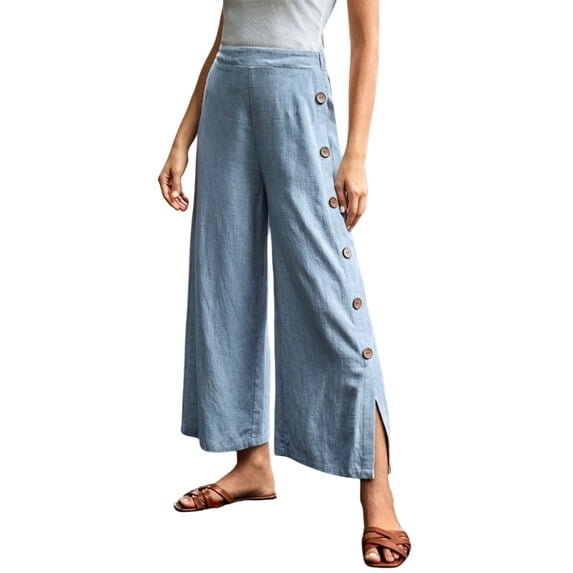 WGRFFH Women Wide Leg Pants Button Down Side Slit Linen Trousers Flowy High Elastic Waist Summer Beach Travel Casual Bottoms Lightweight Vacation Daily Loose Palazzo Outdoor Relax Fit Outfit Blue