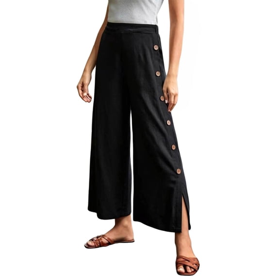 WGRFFH Women Wide Leg Pants Button Down Side Slit Linen Trousers Flowy High Elastic Waist Summer Beach Travel Casual Bottoms Lightweight Vacation Daily Loose Palazzo Outdoor Relax Fit Outfit Black