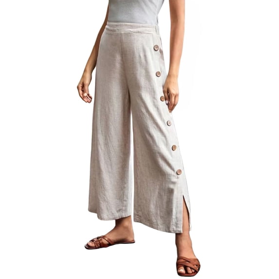 WGRFFH Women Wide Leg Pants Button Down Side Slit Linen Trousers Flowy High Elastic Waist Summer Beach Travel Casual Bottoms Lightweight Vacation Daily Loose Palazzo Outdoor Relax Fit Outfit Beige