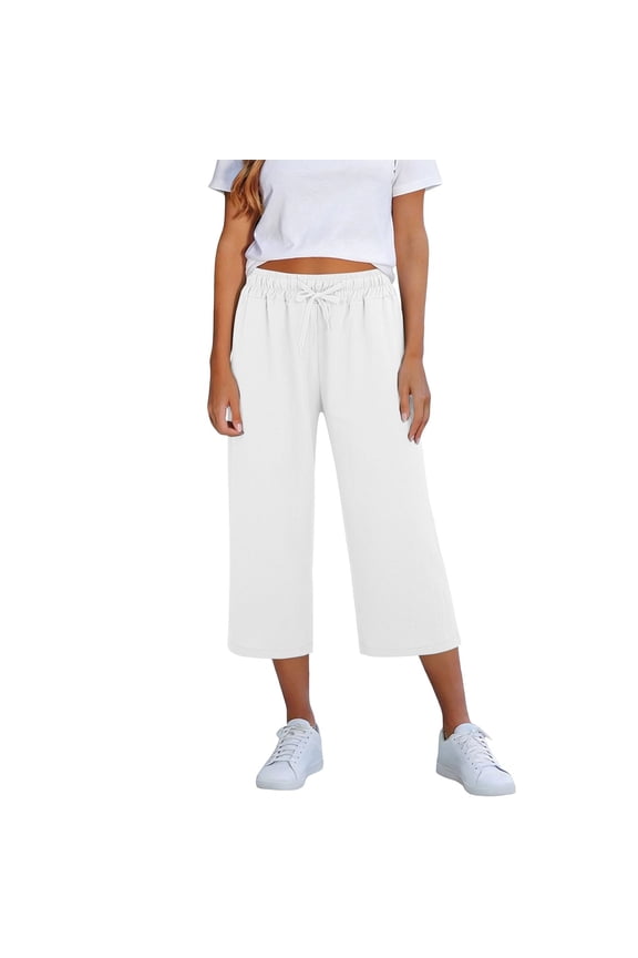 Women's Capri Pants Cropped Palazzo with Pockets Cotton Linen Cropped Pants Basic Editions Women's Pants Skimmer Capri Pant Joggers Sweatpants Casual Summer Linen Clothes Gym Capris White