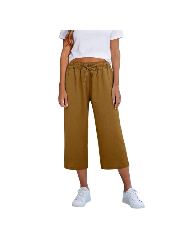 Women's Capri Pants Cropped Palazzo with Pockets Elastic Waist Gym Capris Solid Color Leisure Trousers Straight Wide Leg Trendy Capri High Waist Cropped Trousers Breathable Capris Coffee