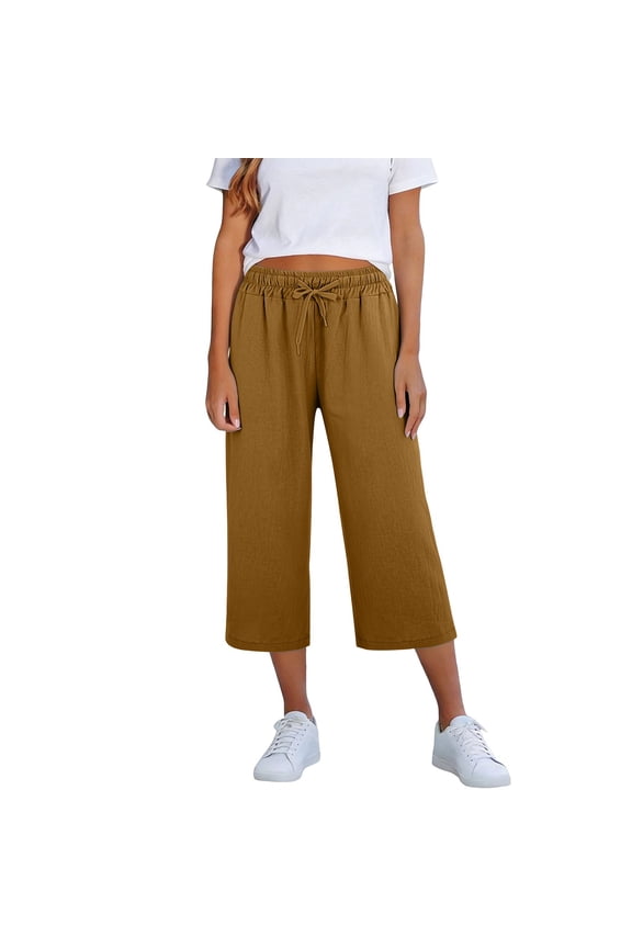 Women's Capri Pants Cropped Palazzo with Pockets Elastic Waist Gym Capris Solid Color Leisure Trousers Straight Wide Leg Trendy Capri High Waist Cropped Trousers Breathable Capris Coffee
