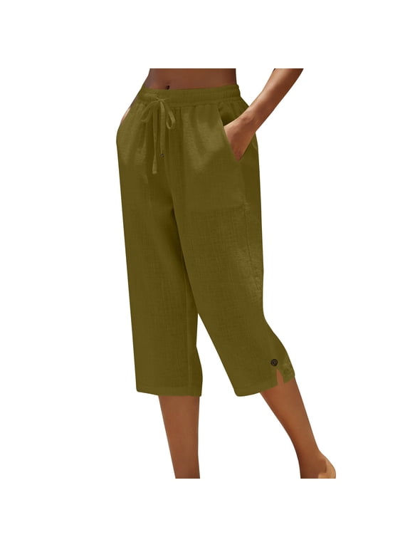 Women's Capri Pants Side Pockets Casual Summer Linen Clothes Lounge Pants Trousers Loose Fit Cropped Pant Ankle Summer Pants Tall Capris Women's Golf Capris Trendy Capri Coffee