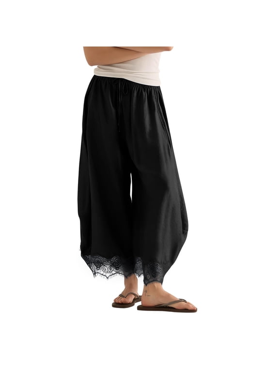 Women's Cropped Lace-Hem Pants,High Waisted Drawstring Wide Leg Pants Summer Boho Casual Lightweight High Rise Lounge Trousers with Pockets,Ruffle Flowy Beach Vacation Barrel Palazzo Black S