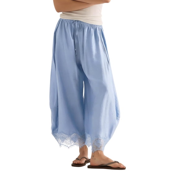 WGRFFH Women's Cropped Lace-Hem Pants,High Waisted Drawstring Wide Leg Pants Summer Boho Casual Lightweight High Rise Lounge Trousers with Pockets,Ruffle Flowy Beach Vacation Barrel Palazzo Sky Blue