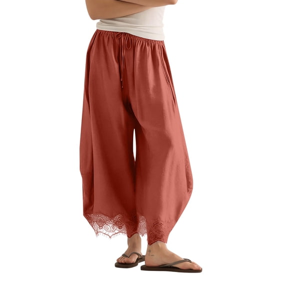 WGRFFH Women's Cropped Lace-Hem Pants,High Waisted Drawstring Wide Leg Pants Summer Boho Casual Lightweight High Rise Lounge Trousers with Pockets,Ruffle Flowy Beach Vacation Barrel Palazzo Brick Red
