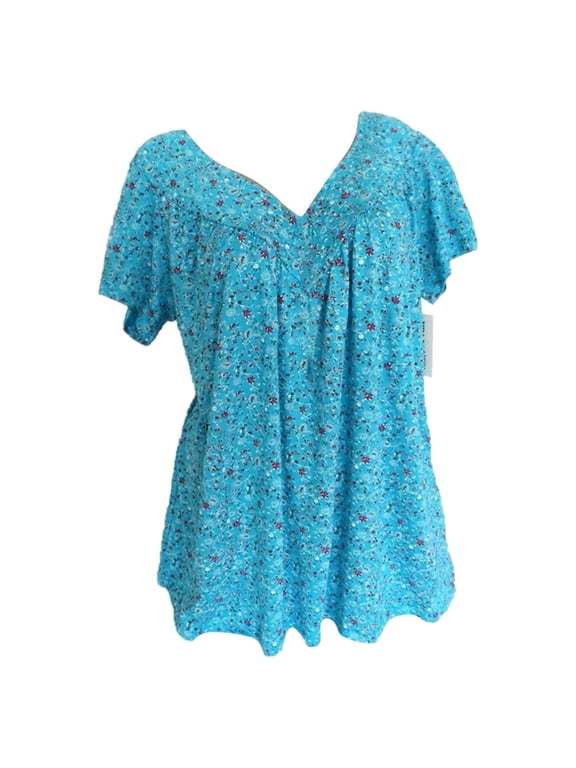 Women's Floral V Neck Long Tunic Top Ruffle Sleeve Tops Loose Fit Tshirts Basic Pleated Tops Short Sleeve Shirts Henley Fit Tunic Ladies Flowy Blousesummer Cute Shirts Trendy Outfits Sky Blue