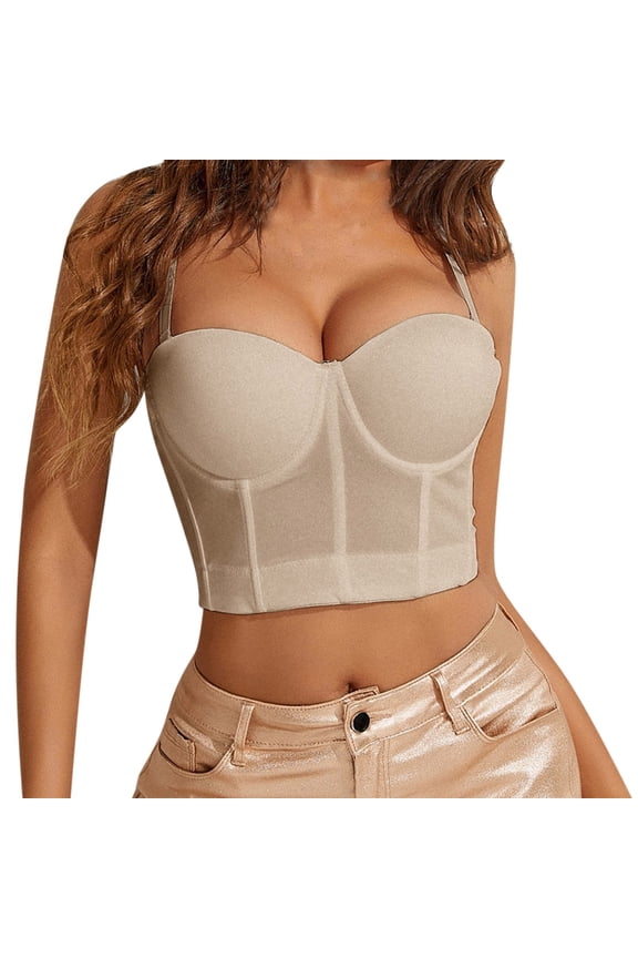Women's Mesh Breath Push Up Bustier Corset Crop Top Backless Strapless Longline Bridal Vest Slim Fit Corset Crop Top Sleeveless Cami Tops Adjustable Strap Cute Cami Top Club Party Vest Beige