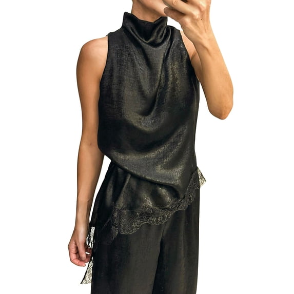 WGRFFH Women's Mock Neck Lace Trim Tops Sleeveless Side Split Asymmetric Hem Tank Tops High Low Top Going Out Outfits Patchwork Halter Top Dressy Flowy Tops Y2K Elegant Going Out Tops Black