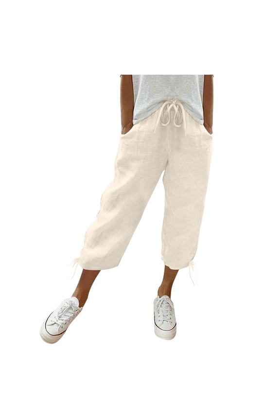 Women's Pull on Stretch Capri Pants Pedal Pushers with Pockets,Slit Hem Drawstring Breathable Capris 2026 Cropped Trousers Full Length Capri Stretch Cropped Workout Pants Elastic Waist Beige