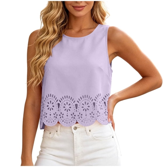 WGRFFH Women's Scallop Trim Crop Tank Top,Crewneck Tank Tops,Summer Keyhole Back Cropped Sleeveless Blouse,Solid Color Hollow Out Casual Beach Shirts,Vintage Going Out Crop Camisole Top Light Violet