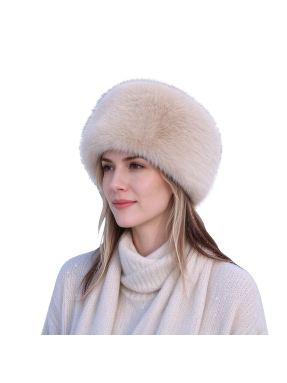 Women's Winter Cossack Hat,Russian Style Long Pile Faux Fur Warm Cap,Fluffy Fuzzy Furry Bucket Hat,Cold Weather Winter Headwear for Outdoor Daily Wear Beige