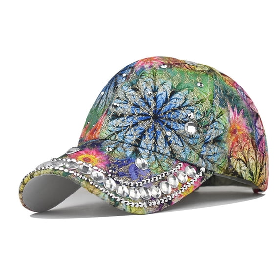 WGRFFH Womens Bling Rhinestone Floral Baseball Cap - Sparkle Crystal Studded Adjustable Snapback Hat, Boho Tie Dye Print With Gold Glitter,Low Profile Sun Visor For Party, Outdoor, And Casual Wear