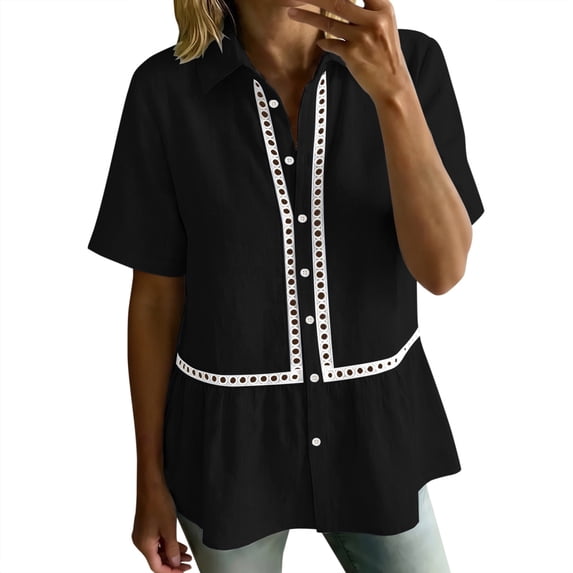 WGRFFH Womens Button Down Shirts V Neck Ruffle Tops Lapel Collar Shirt Contrast Trim Hollow Out Work Tops Summer Peplum Blouses Going Out Top Casual Collar Patchwork Short Sleeve T-Shirts Black