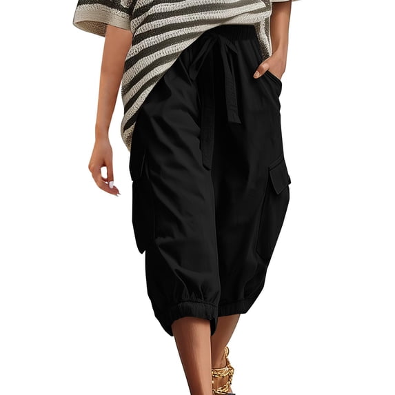 WGRFFH Womens Cargo Capri Pants,High Waist Knee Length Shorts,Cuffed Wide Leg Hiking Pant,Loose Fit Travel Lightweight with Pockets,Drawstring Elastic Waist for Casual and Streetwear Black S