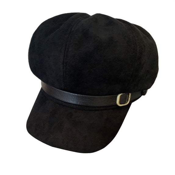 WGRFFH Womens Faux Suede Baker Boy Cap,Retro Cabbie Newsboy Hat with Decorative Faux Leather Buckle Strap,Soft Peaked Visor Hat for Autumn Winter Travel Street Styling Weekend Casual Occasions Black