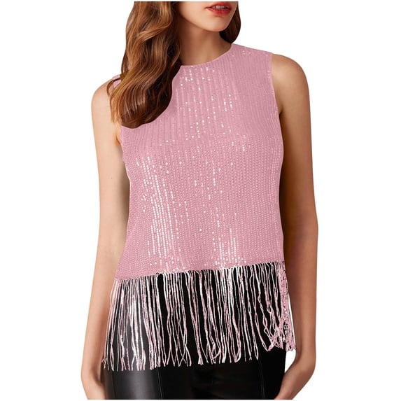WGRFFH Womens Sequin Fringe Tops Sleeveless Tassel Sequins Tank Top Sparkly Glitter Shiny Shimmer Party Tank Tops Dance Sleeveless Tank Shirt Crewneck Crop Top Party Shirt Concert Outfit Pink