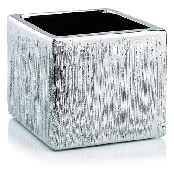 WGV Ceramic Cube Vase Width 5.5" Height 5" (Fits 5" Pot) Modern Block Square Floral Planter Terrarium Container Table Dresser for Event Accent Home Office Decor Silver Textured 1 Piece
