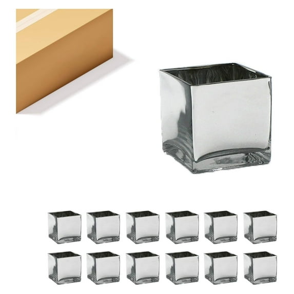 WGV Cube Glass Vase Bulk, Candle Holder, 5"x5"x5", Silver Floral Accent Container Planter Terrarium Storage for Wedding Party Ceremony Event Office Home Decor, 12 Pieces