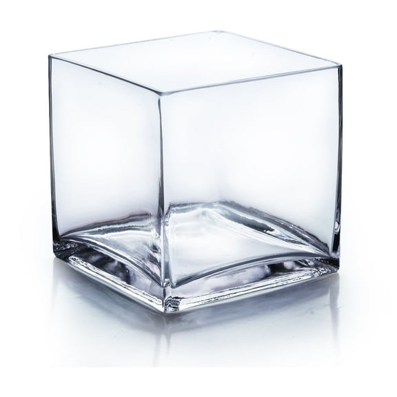 WGV Handblown Clear Cube Glass Vase / Candle Holder - 7" Wide x 7" Height, Good quality, Heavy Weighted Base - 1 Pc