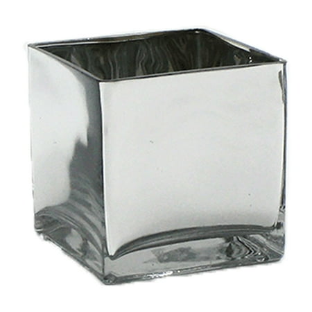 WGV Handblown Silver Cube Glass Vase / Candle Holder - 5" Wide x 5" Height, Good quality, Heavy Weighted Base - 1 Pc