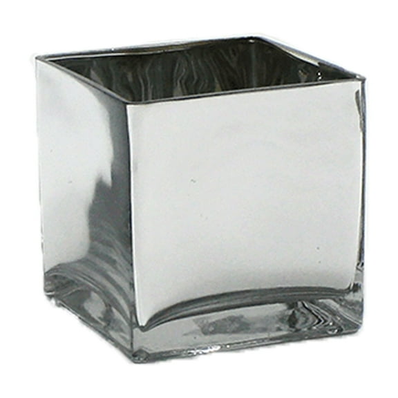 WGV Handblown Silver Cube Glass Vase / Candle Holder - 6" Wide x 6" Height, Good quality, Heavy Weighted Base - 1 Pc
