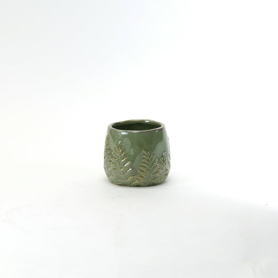 WGV Small Green Reactive Glazed Bowl With Fern Print - 4.7" Wide x 4.2" Height, Good quality, Heavy Weighted Base - 1 Pc