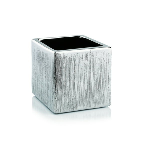 WGV Textured Silver Ceramic Square Cube - 4" Wide x 4" Height, Good quality, Heavy Weighted Base - 1 Pc