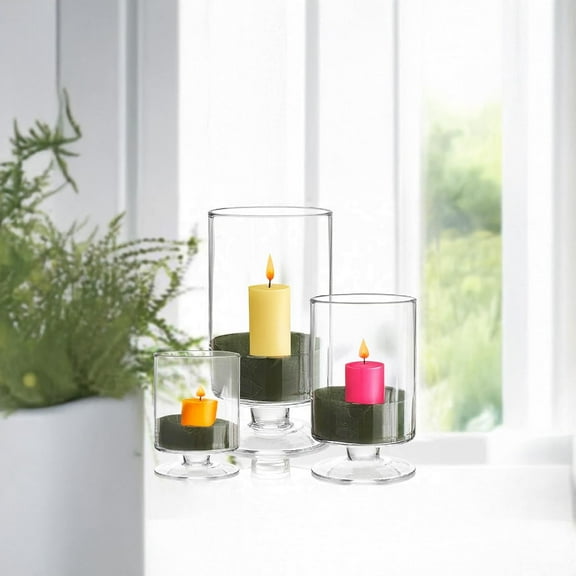 WGVI Clear Glass Pedestal Hurricane Candle Holder, 6"+8"+10" H, Decorative Vase for Pillar Candles, Short Stemmed Candleholder Cylinder, Tabletop, Home Décor, 1 Set of The Smaller 3 Sizes
