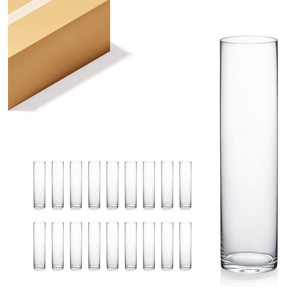 WGVI Quality Thick Weighted Clear Cylinder Glass Vases, 3" W x 12" H, Multiple Size Choices Glass Flower Vase Centerpieces | Hurricane Floating Candle Holder Vase, 18 Pieces