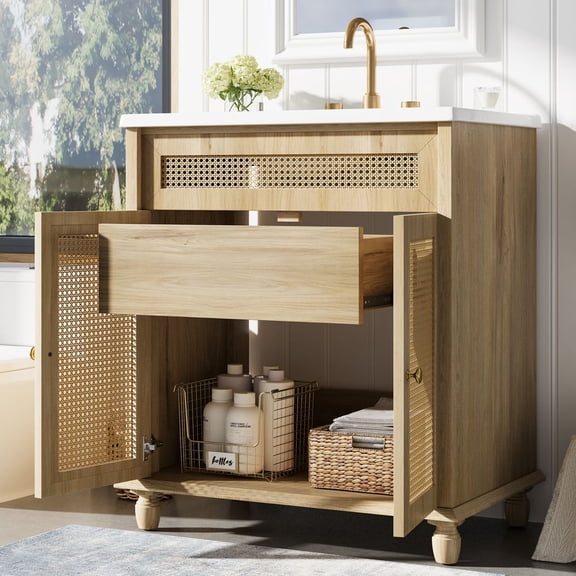 WGYPRIME 30"Bathroom Vanity with Resin Sink, Bathroom Storage Cabinet with Handwoven Rattan Doors and Drawer, Mid-Century Modern Single Bathroom Cabinet
