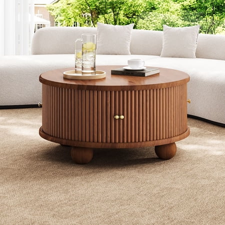 WGYPRIME 31.8" Round Coffee Table, Modern Fluted Circle Coffee Table with 2 Sliding Doors, Solid Wood Center Table for Living Room, Dining Room
