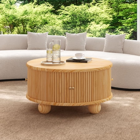 WGYPRIME 31.8" Round Coffee Table, Modern Fluted Circle Coffee Table with 2 Sliding Doors, Solid Wood Center Table for Living Room, Dining Room