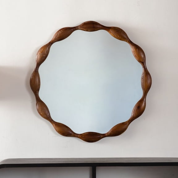 WGYPRIME 32.28" Round Mirror for Wall Decorative, Farmhouse Bathroom Mirror with Waved Irregular Style, Natural Wood Circle Mirror for Living Room, Fireplace, Hallway