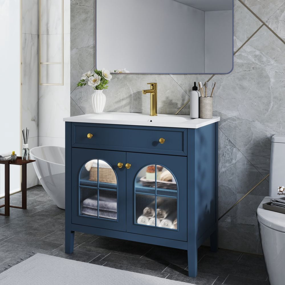 WGYPRIME 35.6" Mid-Century Bathroom Vanity with Sink, Farmhouse Bathroom Storage Cabinet with Glass Doors & Motion-sensor Light Strip, Freestanding Single Sink Bathroom Vanity Combo